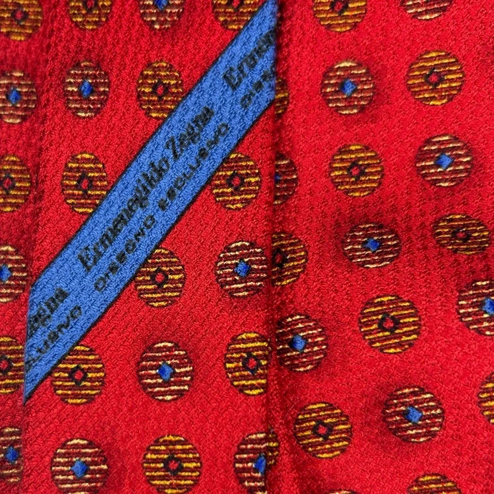 Ermenegildo Zegna‎ Silk Tie Men's Red Gold Blue Geometric Medallion Italy
